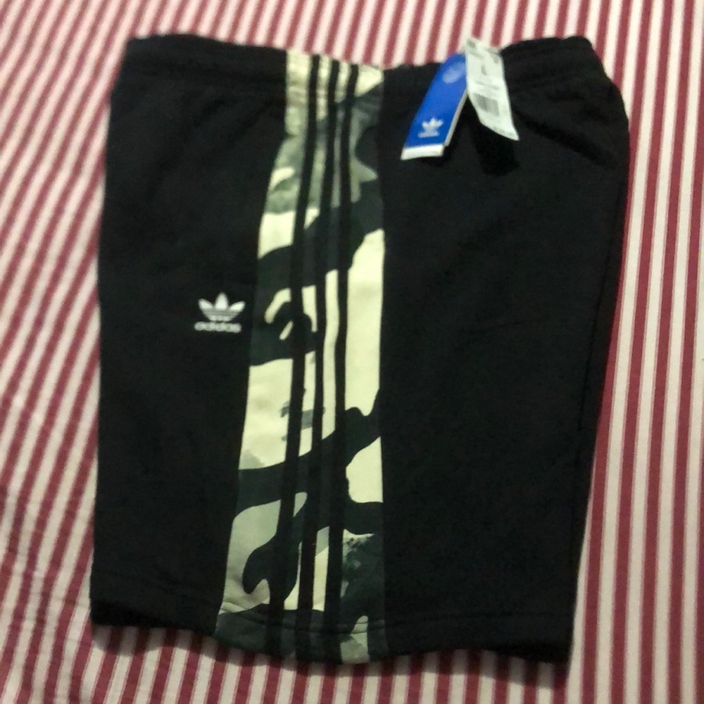 New v Adidas Black Shorts with Green Camouflage Accent